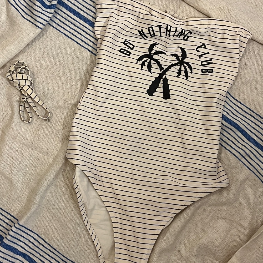 Striped One-Piece Swimsuit with Palm Tree Design